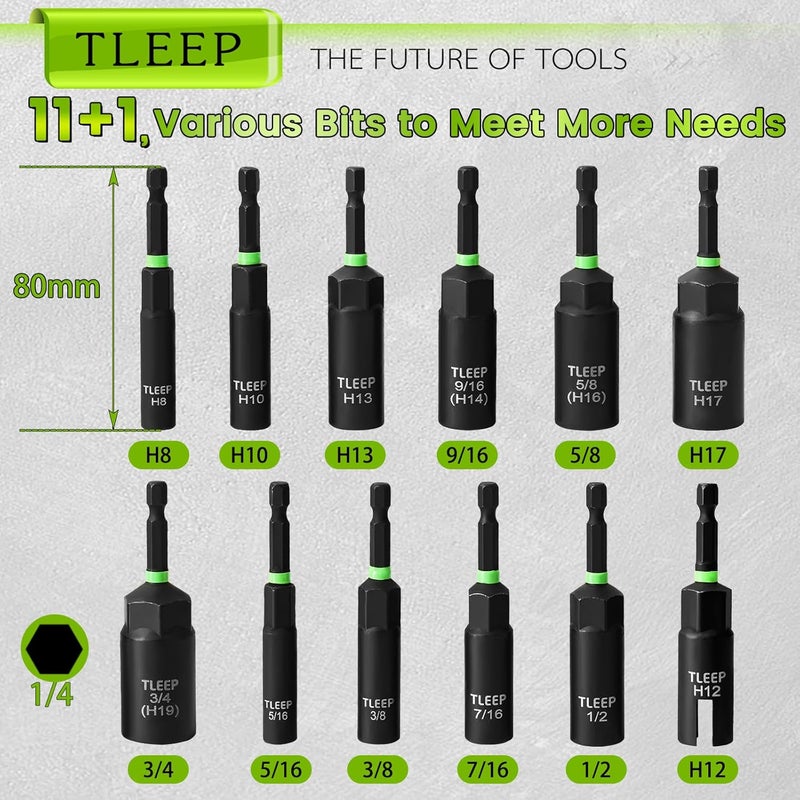 TLEEP Deep Nut Driver Set for Impact Drill w/Wing Nut Driver Bit, Sae/Metric 80MM Deep Nut Driver Bits, 1/4" Quick Change, 8mm 10mm 13mm 9/16”(14mm) 5/8”(16mm) 17mm 3/4”(19mm) 5/16” 3/8” 7/16” 1/2” - Image 3